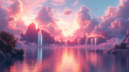 a beautiful sunset with a waterfall