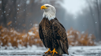 a bald eagle sitting on a rock in the snow