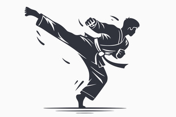 Black silhouette depicts a martial artist performing a high kick with striking fist
