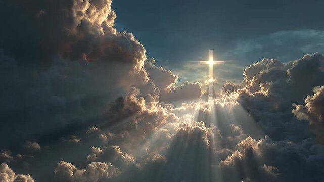 Sunlight forming glowing cross in dramatic cloudy sky concept of hope faith religion spirituality divine light and heavenly inspiration peaceful nature background