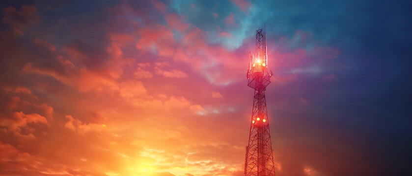 Television broadcast tower sending signal tall antenna tower glowing against sky transmitting waves cinematic realism