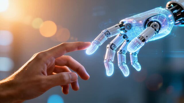 Human Hand Touching a Glowing Robotic Hand, Symbolizing the Future of AI and Humanity.