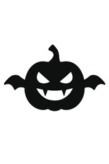 Pumpkin face silhouette with vampire fangs and tiny bat wings,