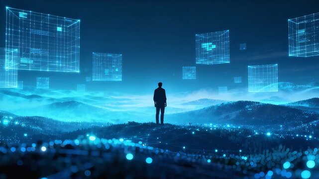 Man observing a futuristic digital landscape with floating holographic data cubes.
