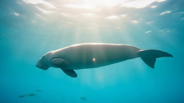 A gentle, aquatic mammal swims elegantly through the clear, turquoise water with sunlight streaming down