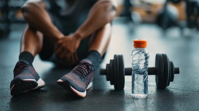 Athlete resting on gym floor near dumbbell and water bottle fitness concept of workout recovery hydration strength training and healthy lifestyle motivation after exercise