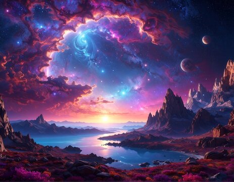 Surreal landscape with vibrant colors and cosmic elements - Powered by Adobe