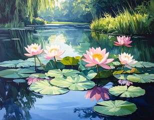 Serene pond scene with vibrant water lilies and reflecting landscape