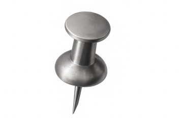 Metal thumbtack or push pin with a brushed silver finish and a sharp point, office supply element on a transparent background