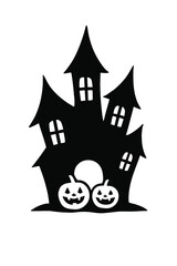 Cartoon spooky house silhouette with smiling pumpkin faces