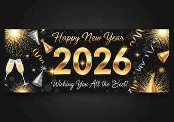 Happy new year 2026 celebration banner with champagne glasses and confetti sparkles