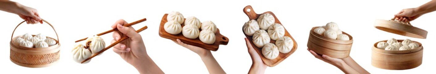 Set of hand holding chinese steamed bun bao baozi Mantou stuffed with filling, chopstick, steamer basket, wooden serve board, pile sliced stack, transparent cutout PNG. Many different style. Mockup