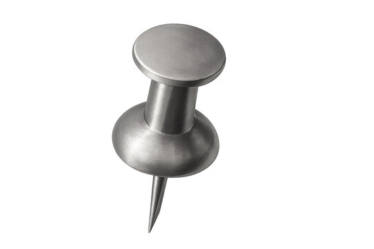 Metal thumbtack or push pin with a brushed silver finish and a sharp point, office supply element on a transparent background