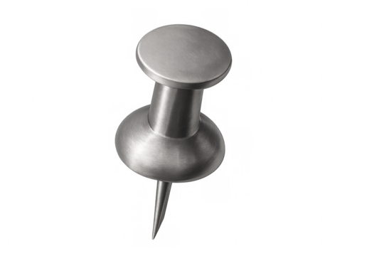 Metal thumbtack or push pin with a brushed silver finish and a sharp point, office supply element on a transparent background