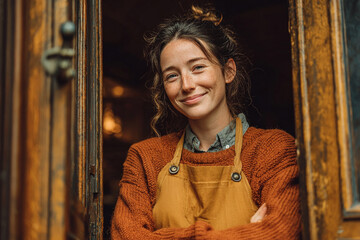 Portrait of a smiling cafe owner standing at the doorway, welcoming customers and showcasing small business charm.