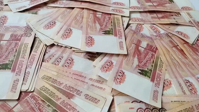 Russian money roubles banknotes, heap of russian rubles. Slow motion