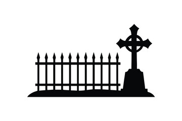 Creepy cemetery with iron fence and gothic cross, black silhouette