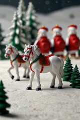 Decorative white horses with festive harnesses in a snowy setting with Santa Claus figurines