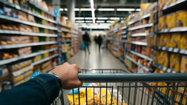 person pushing shopping cart in supermarket aisle with blurred background of shelves full of products consumer perspective grocery shopping retail store concept modern lifestyle and commerce
