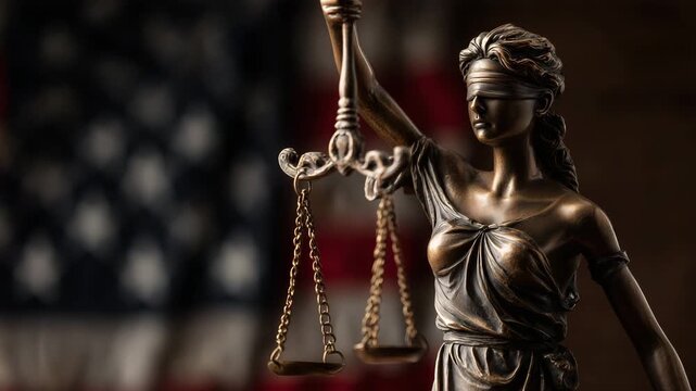 lady justice statue holding scales of balance symbol of law and fairness with blurred american flag in background concept of legal system equality court judgment and impartial justice symbolism