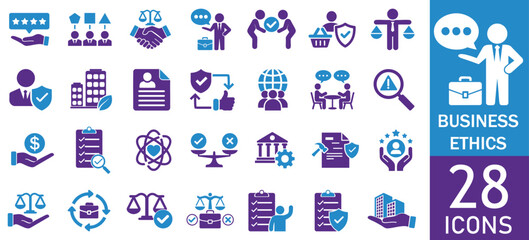 Business ethics icons set. integrity, trust, honesty, fairness, ethical leadership, values, principles, decision making and more. solid icons Vector Style on White Background