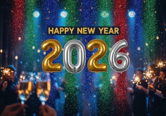Happy new year 2026 celebration with festive lights and balloons