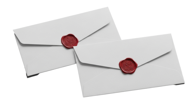 Two white blank paper envelopes with wax seal and wax stamp isolated on gray background. Mockup envelopes PNG cut out