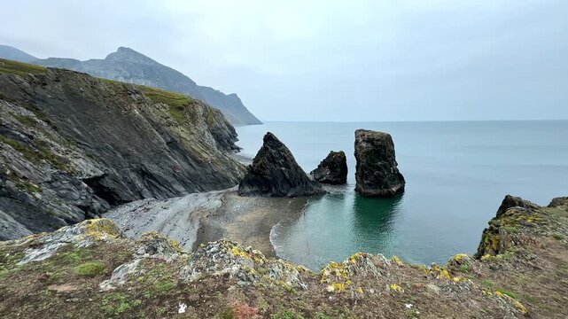 Trefor Sea Stacks Ynys Fawr on the Coast of Llyn Peninsula, Gwynedd, North Wales, United Kingdom
