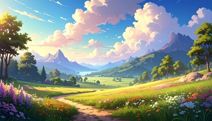 Pastoral landscape with vibrant wildflowers, hills, and mountain peaks