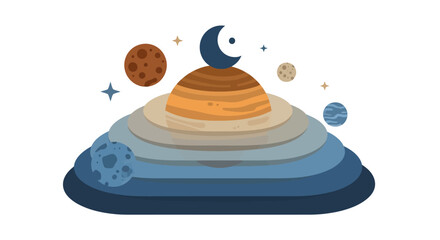 Fototapeta premium Celestial body illustration featuring planets and a crescent moon on a layered structure.