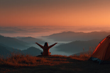Autumn outdoor camping scene with silhouette of woman enjoying nature, representing adventure, relaxation, and seasonal beauty.