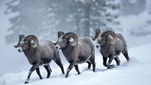 Group of wild rams walking in slow motion through snowy forest winter wildlife nature scene strength and wilderness concept