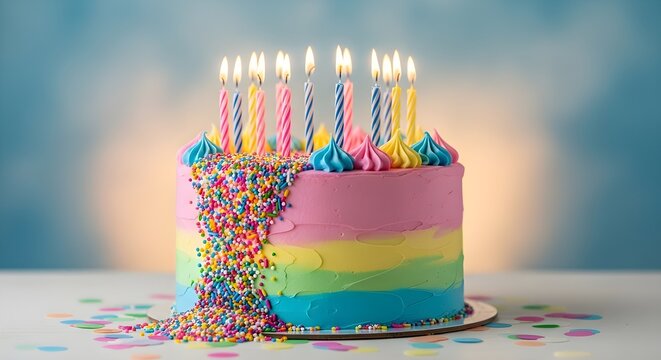 Pastel de cumplea&ntilde;os decorado con chispitas de colores y diez velas.
