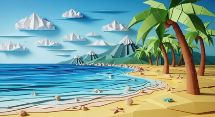 Vibrant paper craft scene of a tropical beach with palm trees mountains and fluffy clouds in a blue sky