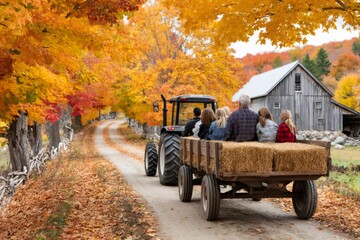 Naklejka na ściany i meble Family enjoying hayride on autumn farm road Naklejka na ściany i meble Family enjoying hayride on autumn farm road