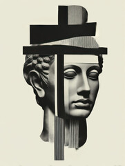 Graphical Roman Bust Sculture Head, Fragmented and isolatable, modern collage antique sculpture, 