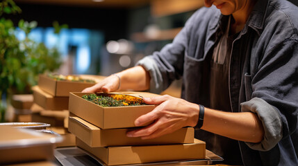 Hands packing thanksgiving meal boxes for neighbors face not shown sharing abundance tradition community love celebration generosity thoughtful giving ritual defocused