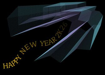 A futuristic happy new year 2k26 design with abstract geometric shapes and lines, creating a modern and dynamic visual isolated on black background isolated on transparent background