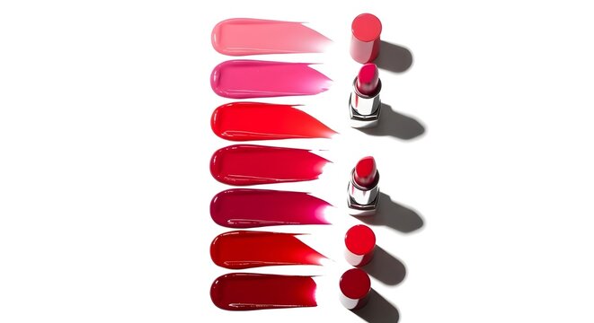 Foto de concepto creativo de muestras de cosm&eacute;ticos productos de belleza l&aacute;piz labial sobre fondo blanco.