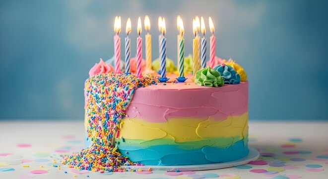 Pastel de cumplea&ntilde;os decorado con chispitas de colores y diez velas.