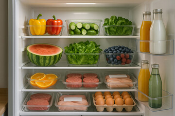 Open Refrigerator Fully Stocked with Fresh Healthy Food and Produce
