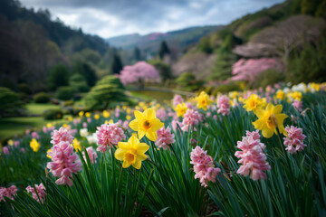 Fototapeta premium Vibrant Field of Yellow Daffodils and Pink Hyacinths in a Botanical Garden