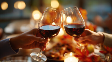 Two wine glasses touching in romantic toast hands visible holding stems faces defocused above thanksgiving dinner blurred behind couple celebrating together intimate holiday