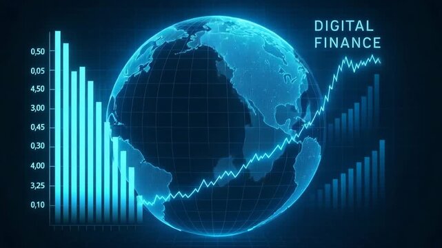 Futuristic digital finance concept featuring a glowing globe and financial graphs. - Powered by Adobe
