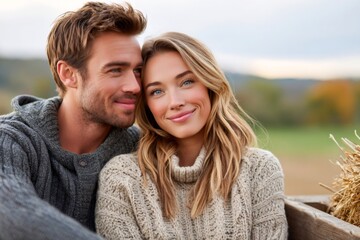 Fototapeta premium Loving couple embracing outdoors wearing knitted sweaters