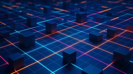 Futuristic digital grid with cubes, illuminated by neon lines, showcasing virtual connectivity. - Powered by Adobe