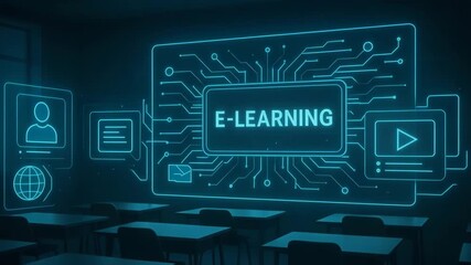 Futuristic classroom with digital interface and technology graphics on the wall. - Powered by Adobe