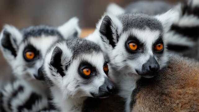 Close up of group of ring tailed lemurs with bright orange eyes looking at camera wildlife animals from Madagascar nature concept