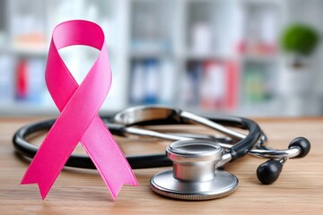 Pink ribbon and stethoscope symbolizing breast cancer awareness