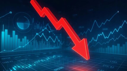 A digital illustration of a downward trend in stock market with graphs and data. - Powered by Adobe